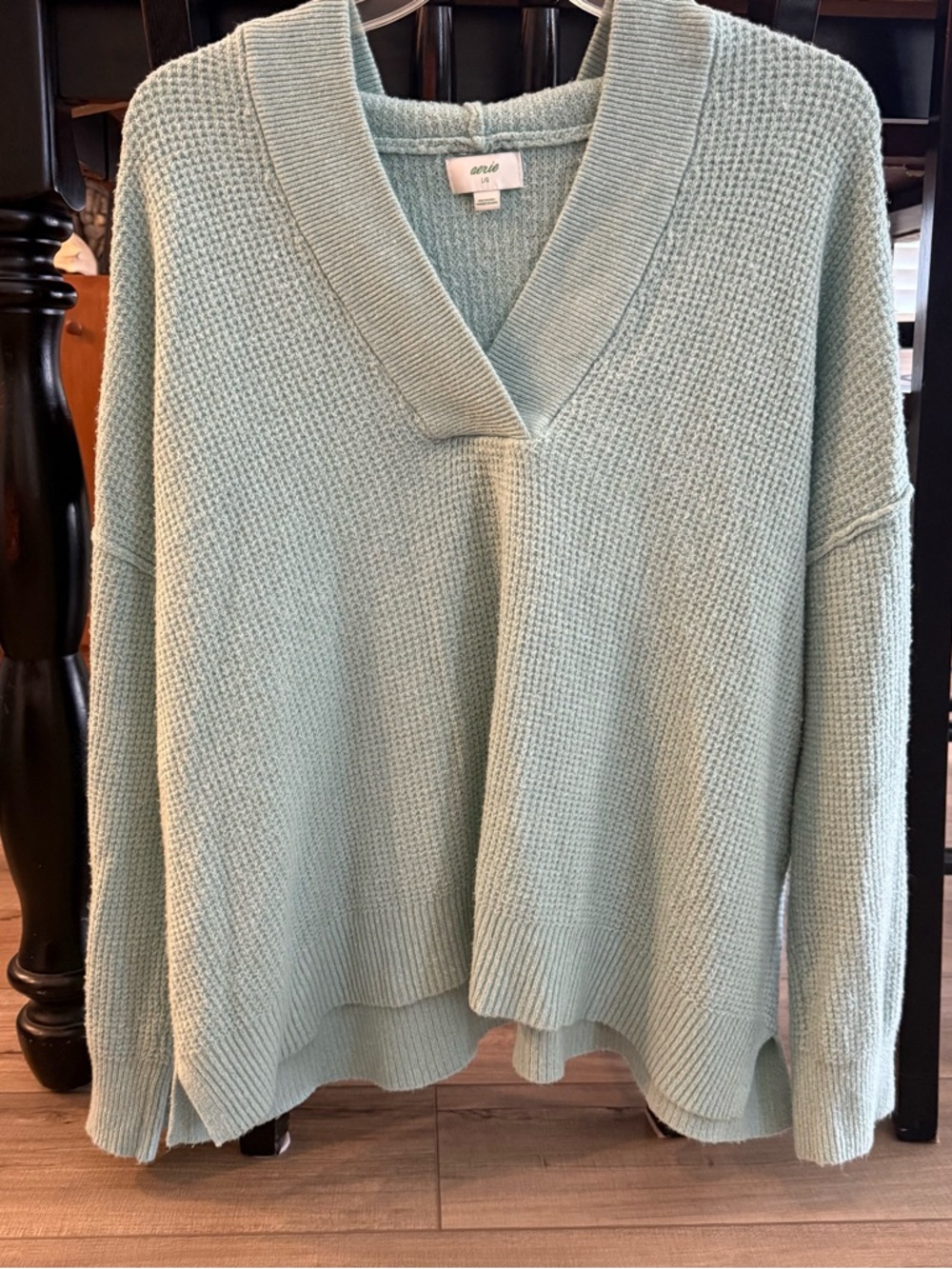 AERIE mint green cozy up Waffle Knit V-Neck Sweater